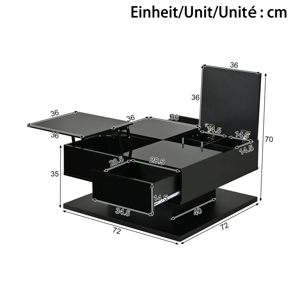 Tavolino da salotto 72x72 cm con piano elevabile, LED App e cassetti nero