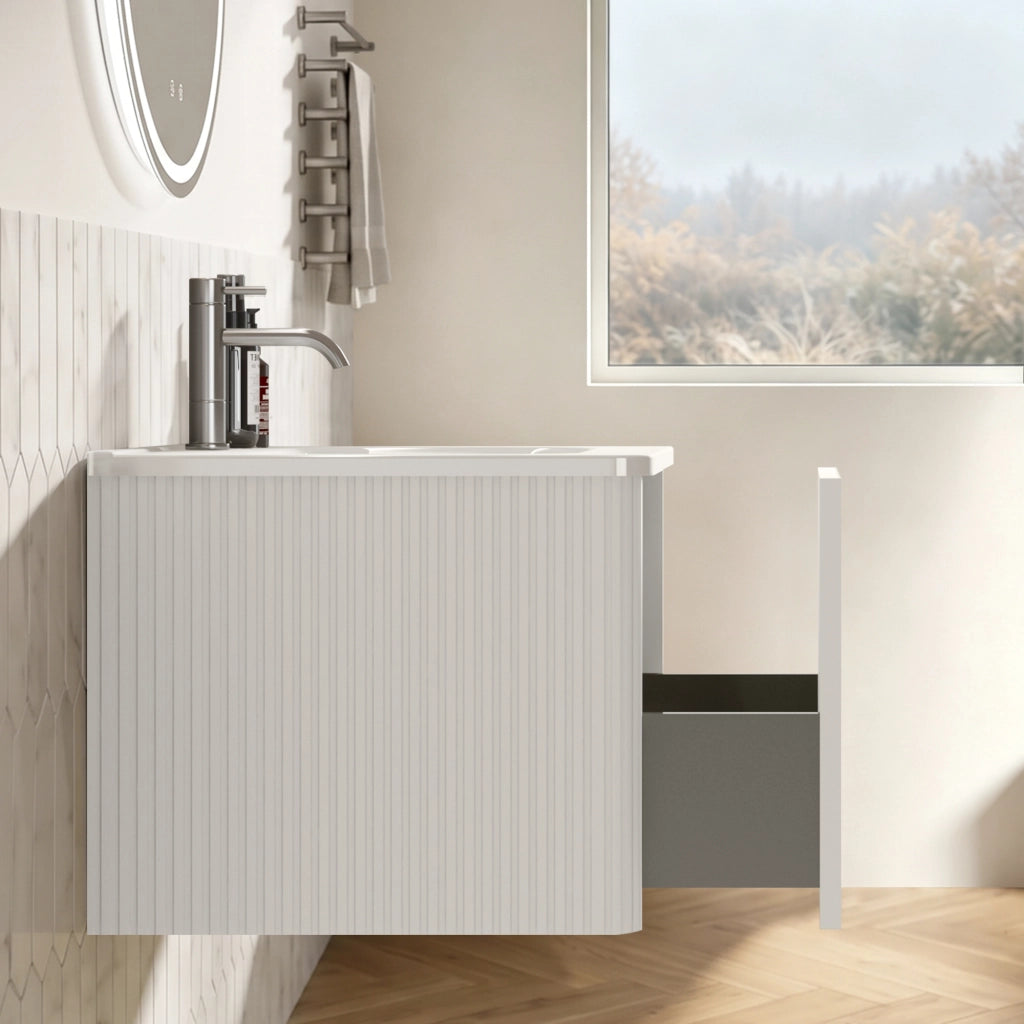 Mobile bagno sospeso con lavabo integrato e specchio LED regolabile antiappannamento in MDF e compensato bianco