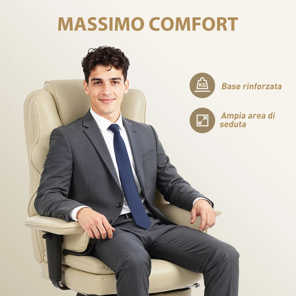 Sedia da Ufficio Ergonomica con Poggiapiedi e Poggiatesta in Pelle PU Bianco Crema Poltrona da Scrivania 76x73x117-125 cm