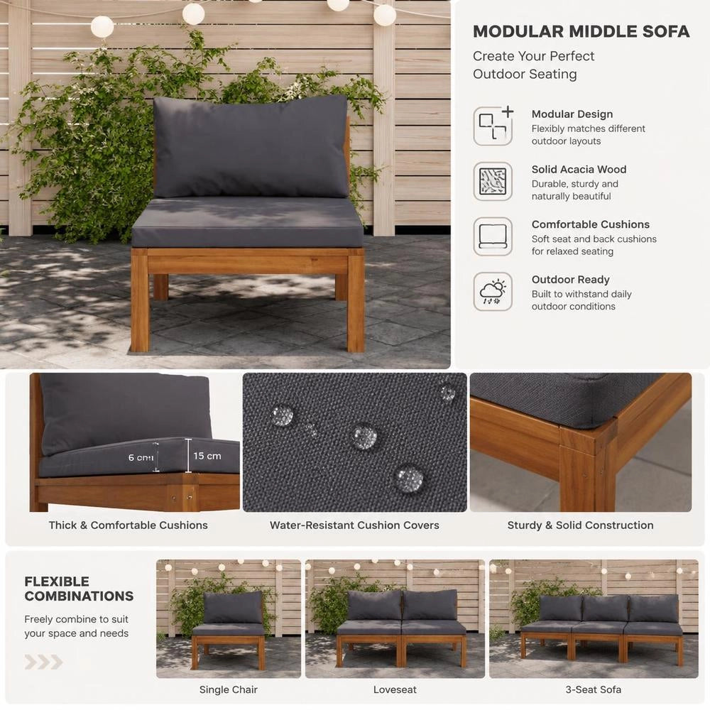 Modular Center Sofa With Dark Grey Cushions, Solid Acacia Wood