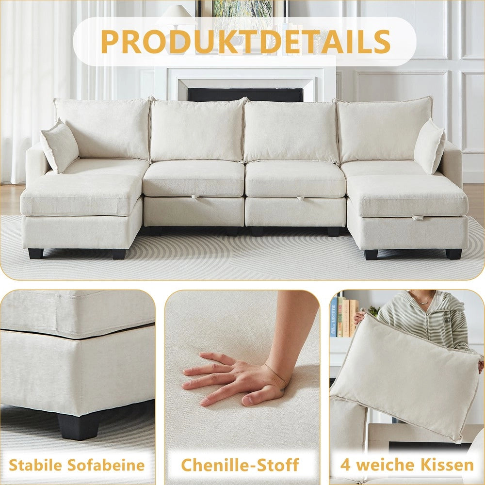 Divano angolare 6 posti con chaise longue e contenitore ¨C Minimal ¨C tessuto chenille