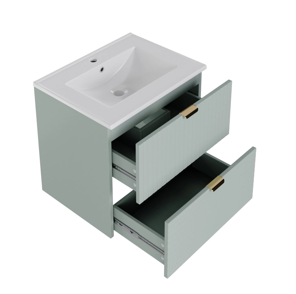 Mobile bagno sospeso 61x46x57 cm in MDF laccato completo di lavabo integrato, 2 cassetti silenziosi verde menta