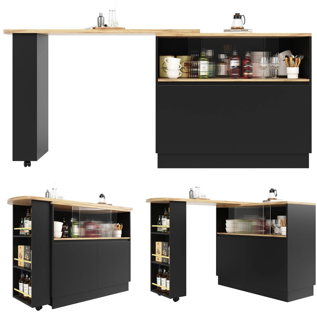Isola cucina girevole a 360 gradi in MDF nero; 90 x 45 x 100 cm; con ripiani e anta scorrevole in vetro