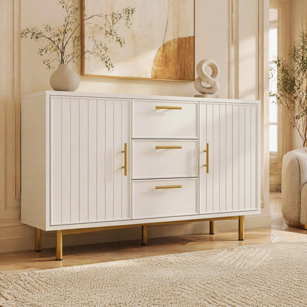 Comò bianco con 2 ante e 3 cassetti, ripiano regolabile, 75x120x40 cm, base in metallo