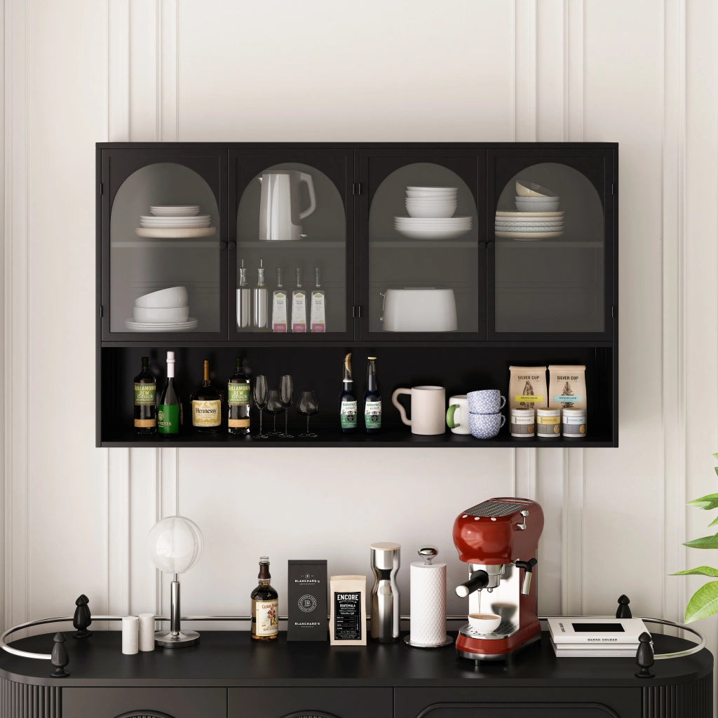 Vetrina sospesa a parete a quattro ante in metallo e vetro grigio per cucina e soggiorno nera 120 × 23 × 70 cm