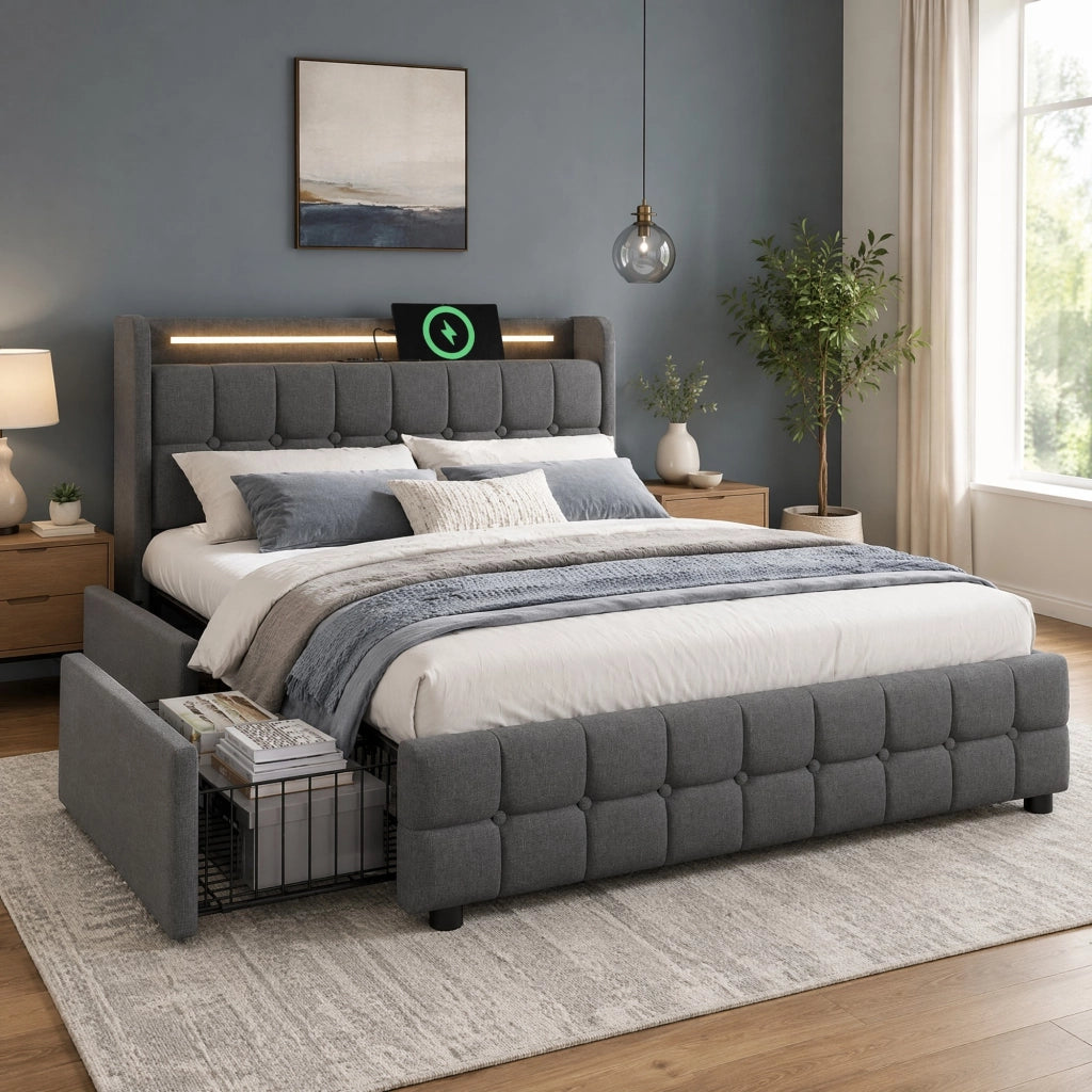 Letto 180x200 cm con LED, prese USB e 4 cassetti in lino grigio