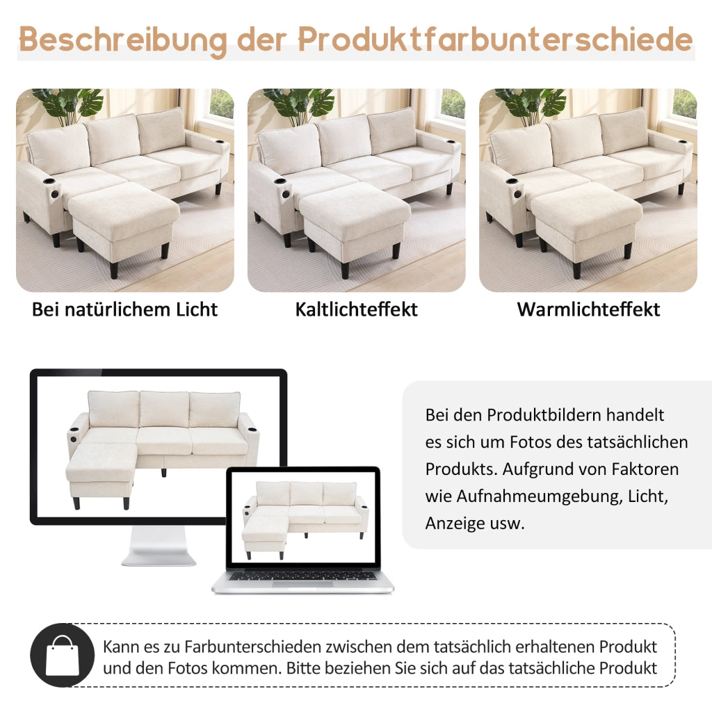 Divano Angolare 3 Posti con USB, Porta Type-C, Pouf Modulare e Portabicchieri, in Lino, Beige