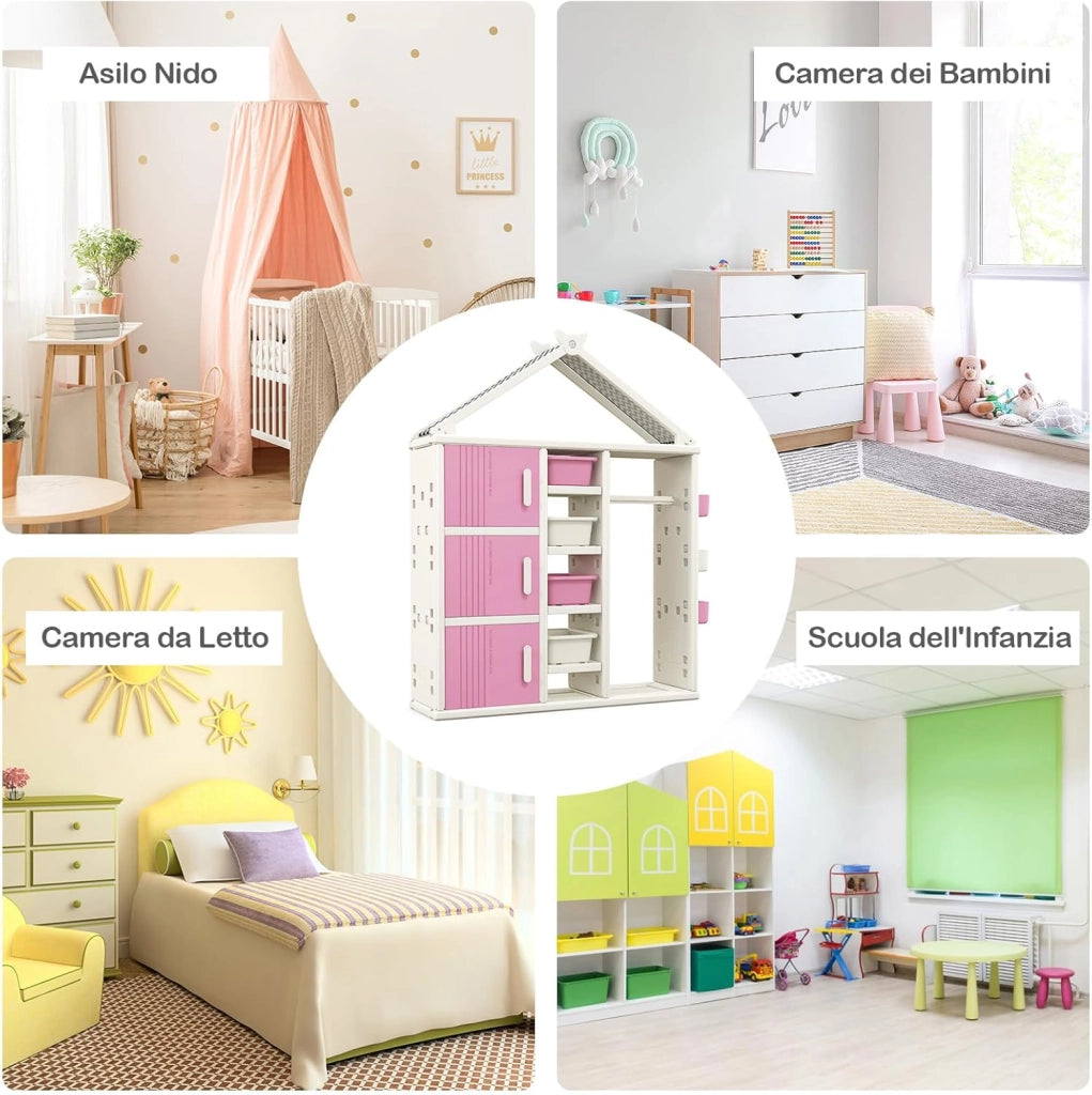 Armadio per Bambini, Organizzatore a Forma di Casa con 1 Lavagna, 3 Armadietti, 4 Cestini, 3 Cubi Chiusi e 3 Cestini Laterali, Armadietto Salvaspazio per Camera da Letto e Soggiorno (Rosa)