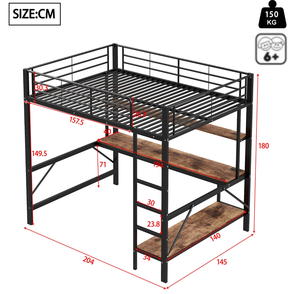 Letto a soppalco 140x200 cm nero con scrivania, scaffale, LED, USB e presa
