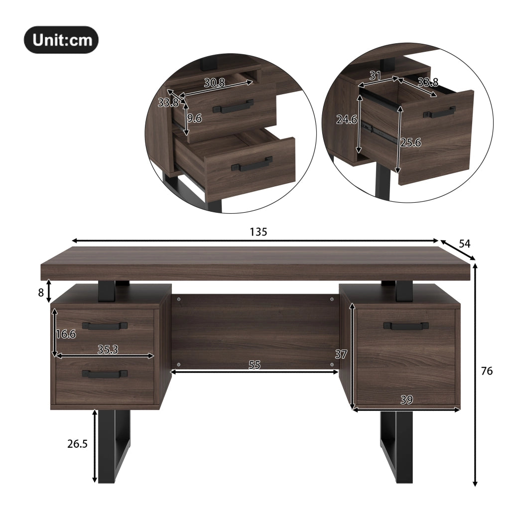 Scrivania da ufficio 135x54 cm con 2 cassetti e vano portadocumenti; MDF marrone