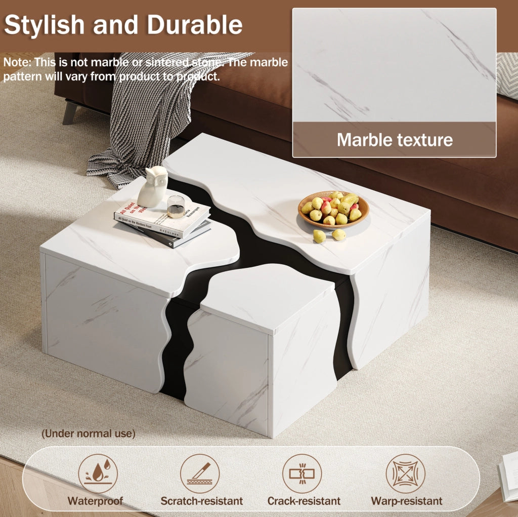 Tavolino da salotto geometrico 70 x 70 x 31 cm bianco in truciolare effetto marmo con cassetto