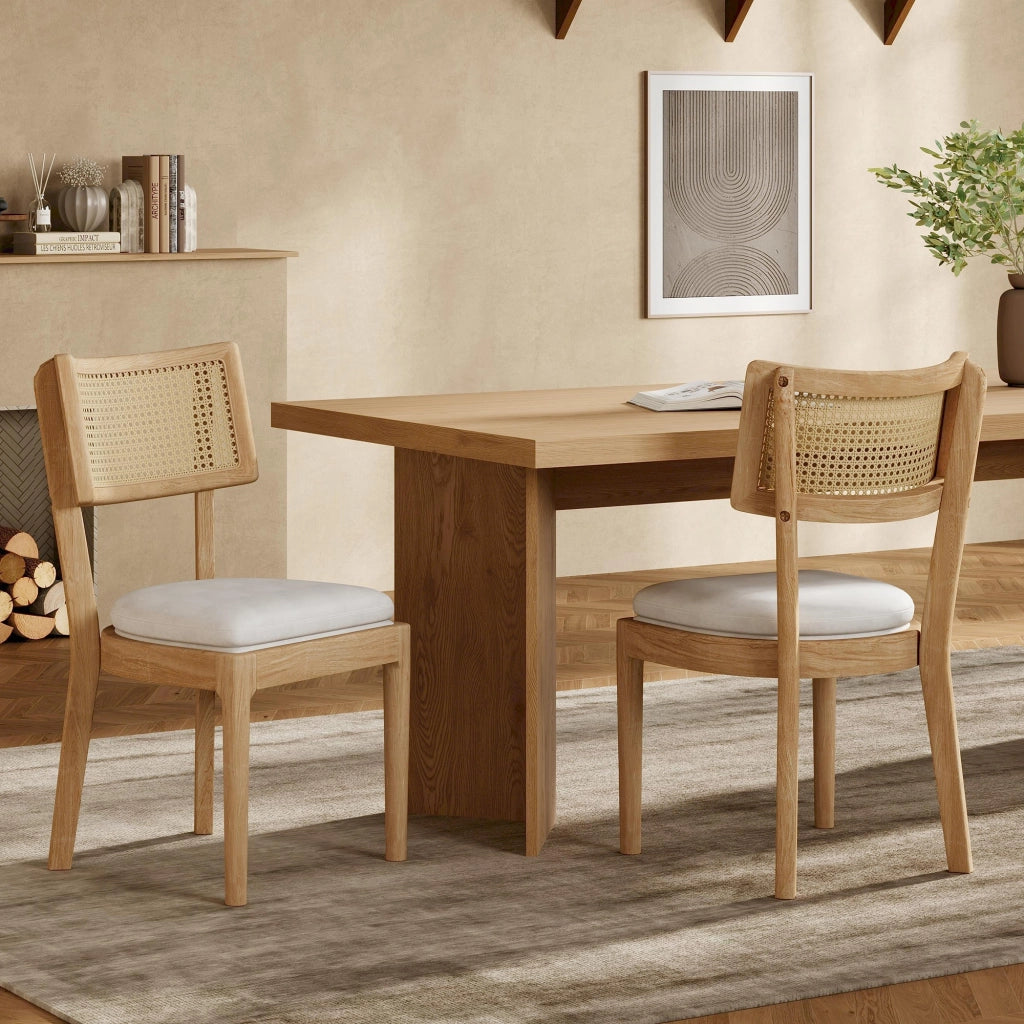 Set di 2 sedie da pranzo, struttura in legno massello, schienale in vimini, colore legno naturale