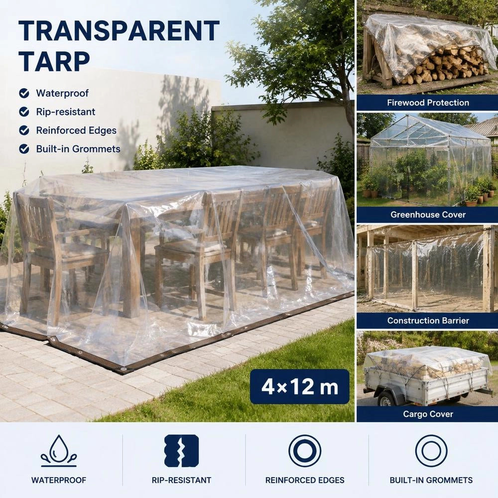 Telo trasparente con occhielli, 4x12 m, in polietilene, ampio e resistente, ideale per coperture esterne, giardino e balcone