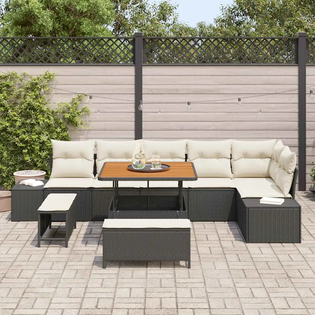 Set Divano da Giardino con cuscino 9 pcs Nero Poly Rattan