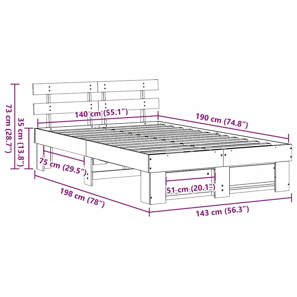 Letto matrimoniale | Letto per adulti | Struttura del letto Bianco 140 x 190 cm Pino massello