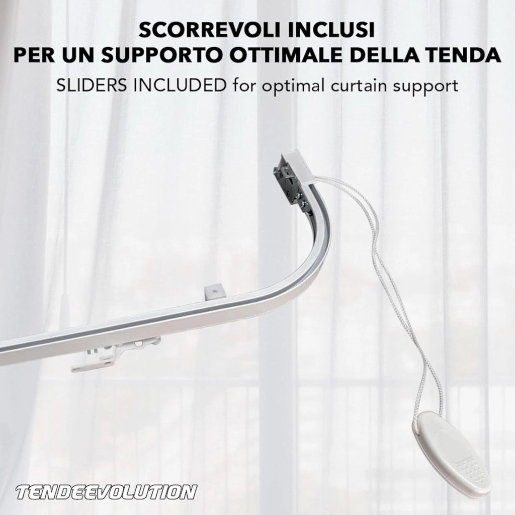 Binario Scorritenda da Parete in Alluminio Bianco, Curve Sporgenti 22cm, Movimento a Corda, Apertura Centrale CM lunghezza 160cm