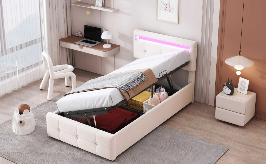 Letto contenitore 90x200 cm con LED e testiera regolabile; in velluto; beige