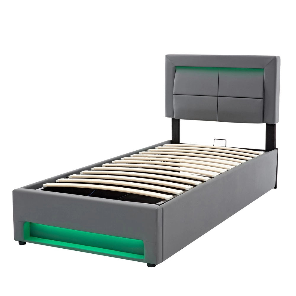 Letto Imbottito Singolo con LED, USB e Contenitore ¨C MINIMAL ¨C Grigio, 90x200 cm