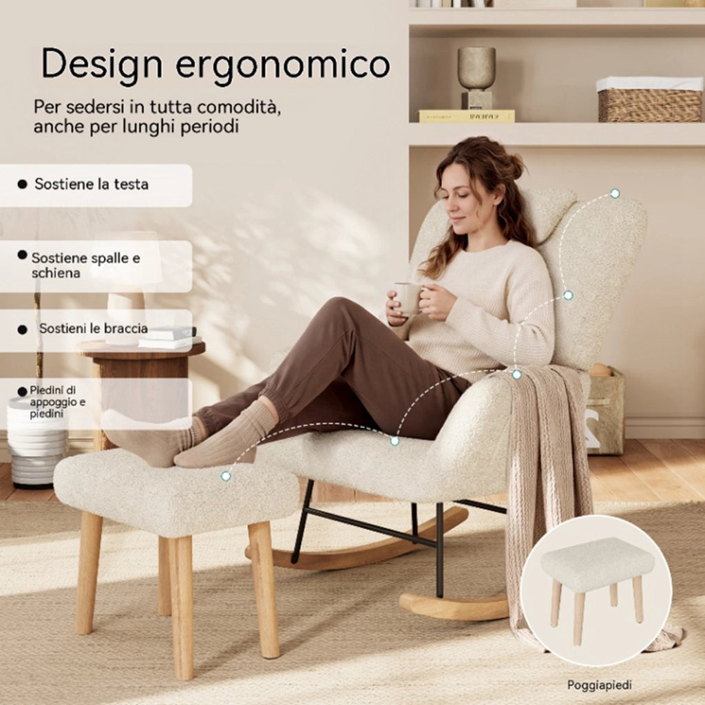 Sedia a dondolo; poltrona relax per soggiorno; poltrona da allattamento con cuscino lombare e tasche laterali; gambe in legno e metallo; Beige