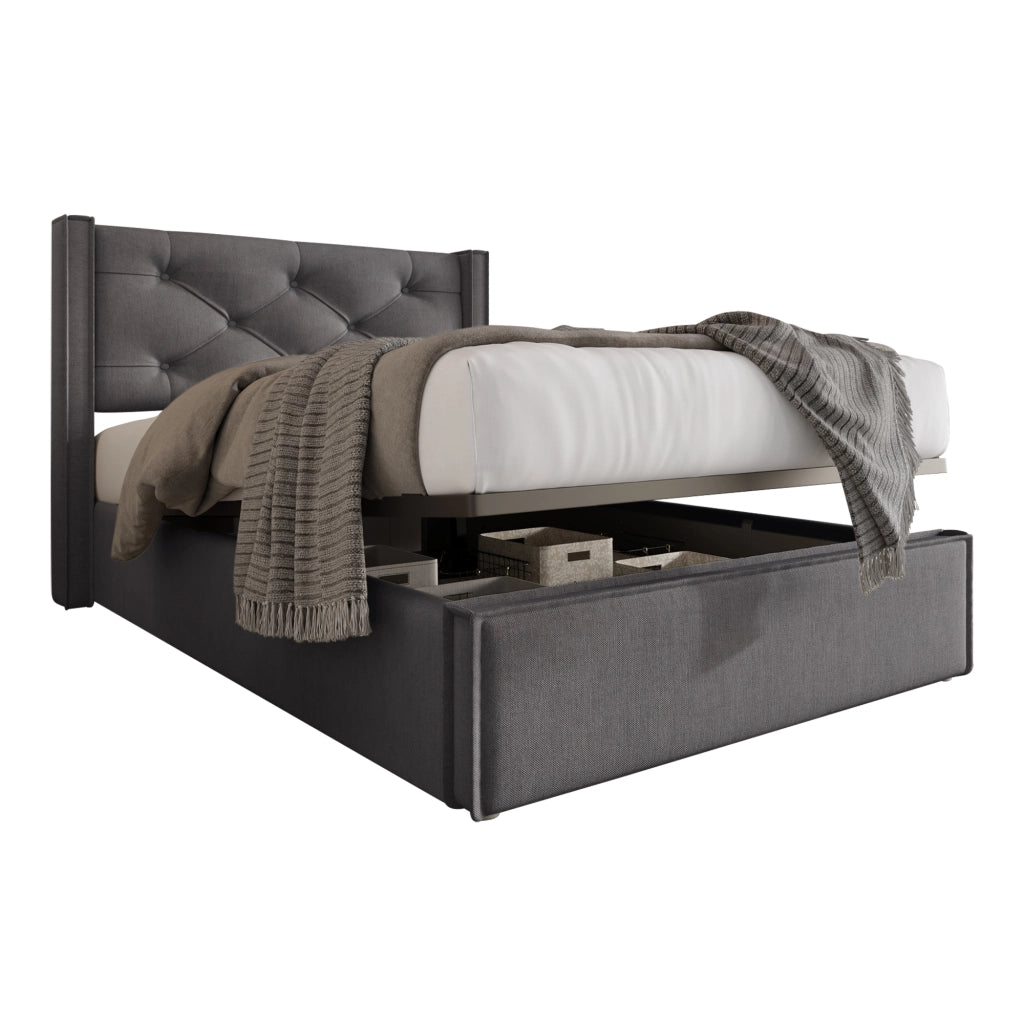 Letto imbottito grigio 90x200 cm con contenitore