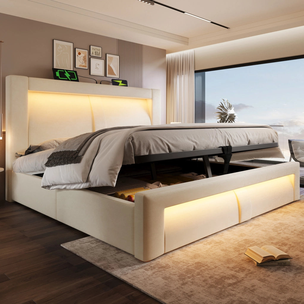 Letto matrimoniale contenitore 140 × 200 cm con LED e ricarica USB Type-C in velluto beige