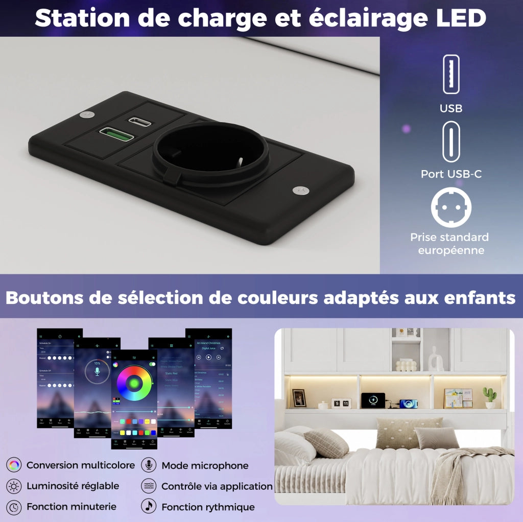 Letto singolo 90x200 cm con contenitore; LED; prese USB e testiera in PU bianco
