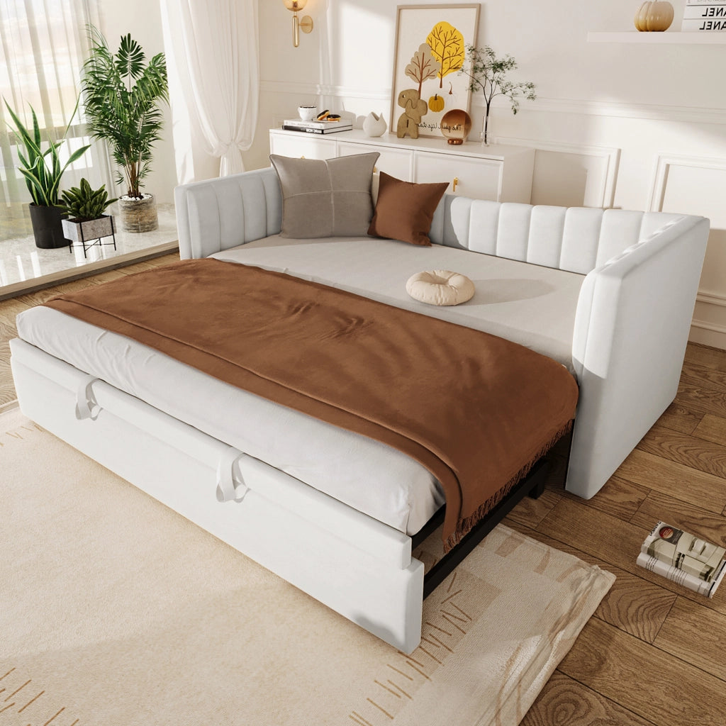 Letto estraibile imbottito in velluto e MDF bianco con letto supplementare regolabile