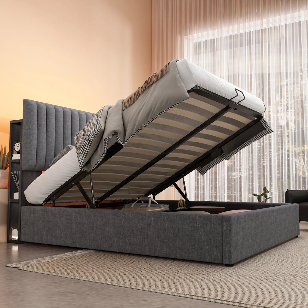 Letto 140x200 cm con contenitore, LED, USB e USB-C in lino grigio