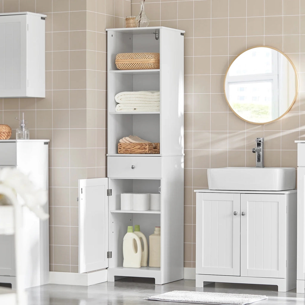 Mobile Alto Colonna Bagno salvasapzio con cassetto e armadietto L40*P35*A161cm Bianco BZR17-W