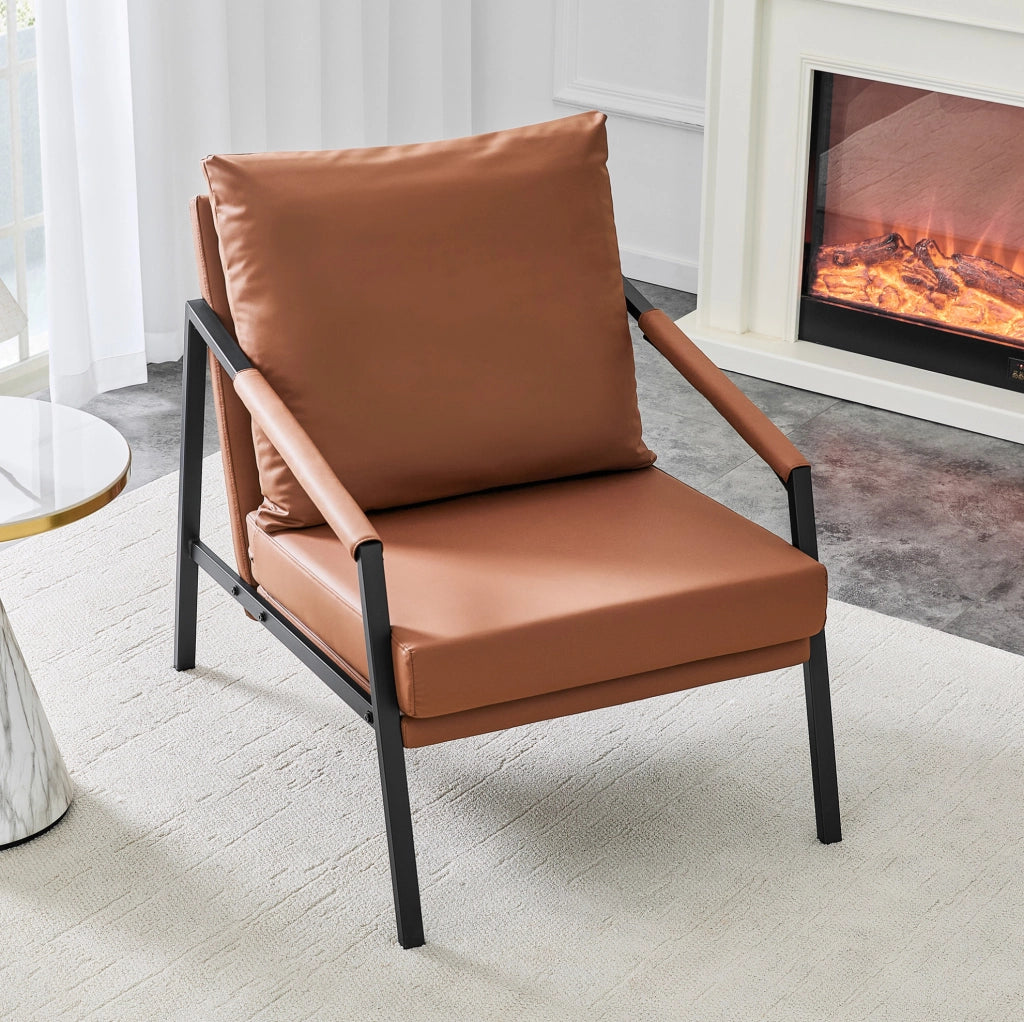 Poltrona lounge in similpelle marrone con struttura in metallo