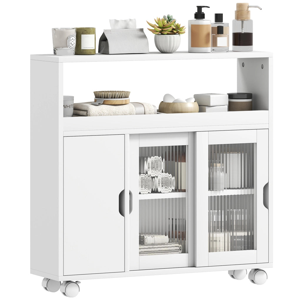 Mobile per Bagno a Rotelle in Legno con Spazio Aperto, Ripiani Regolabili e Ante in Vetro, 71x20x70 cm, Bianco