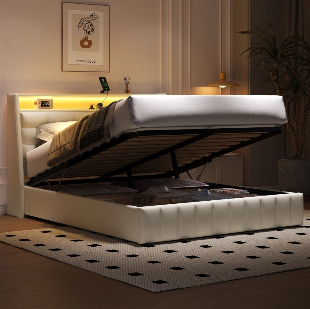 Letto contenitore 160x200 cm bianco con LED, USB e testiera regolabile