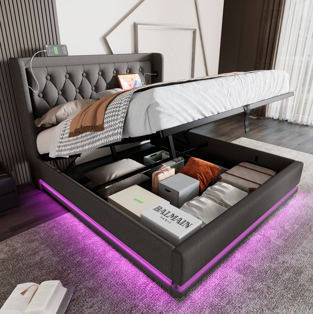 Letto contenitore 160 × 200 cm in cotone grigio con LED; USB e USB-C