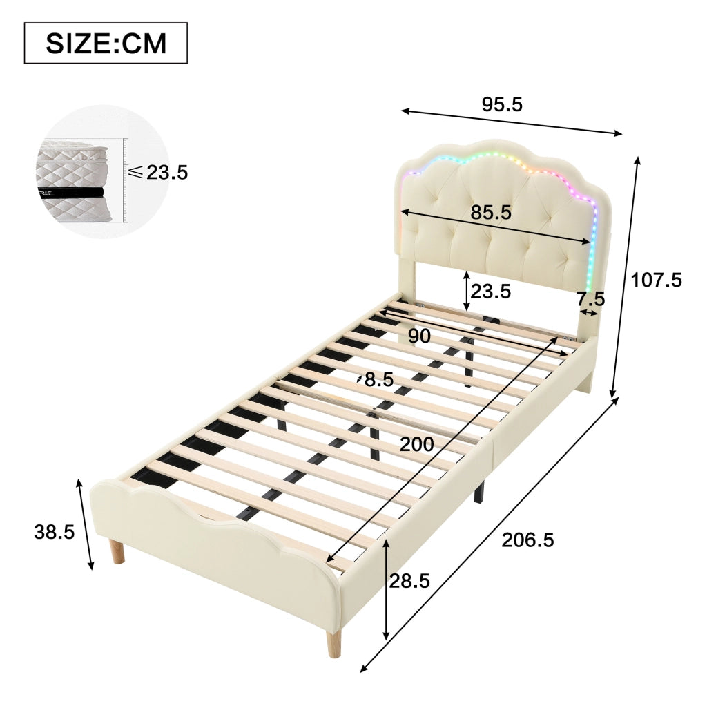 Letto imbottito singolo 90x200 cm con testiera ondulata in PU beige e strisce LED multicolore