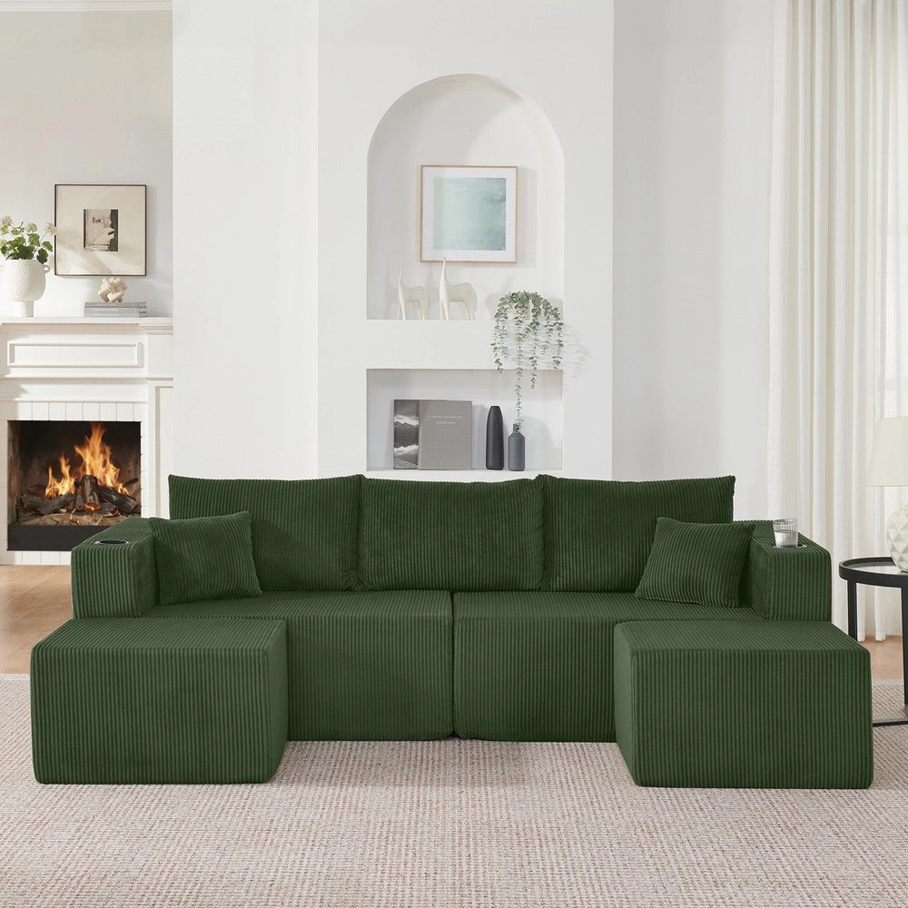 Divano angolare 3 posti ¨C Minimal ¨C velluto verde, con cuscini, porta bevande e tasche laterali