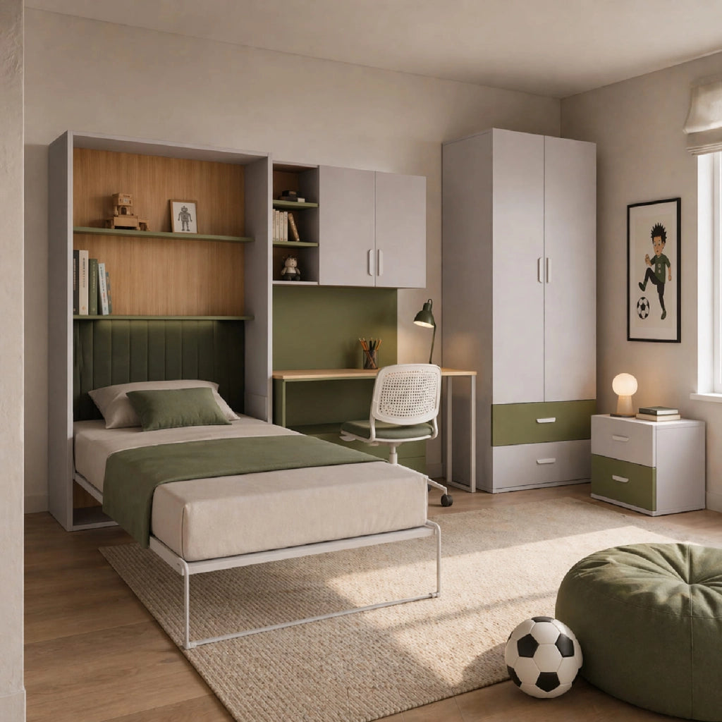 Cameretta Completa Salvaspazio Con Scrivania Armadio Cassettiera Letto A Scomparsa Per Camera Bambini Ragazzi Stanza Ospiti 133 X 208.5 X 45-216 Cm Cashmere E Verde