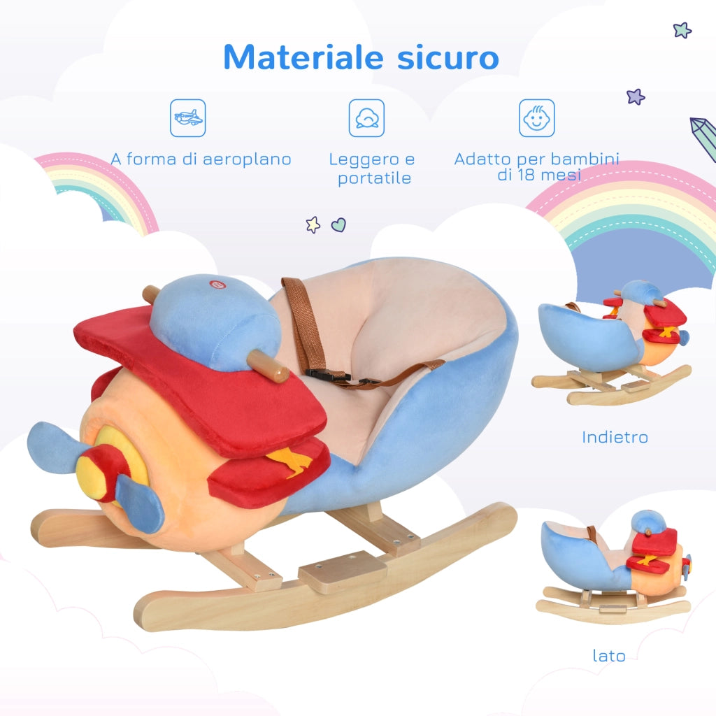 EasyComfort Cavallo a Dondolo a Forma di Aeroplano per Bambini di Età Superiore a 18 Mesi, Cacalluccio a Dondolo con Musica Incorporata in Legno Alamo, Max:60kg 60x33x45cm