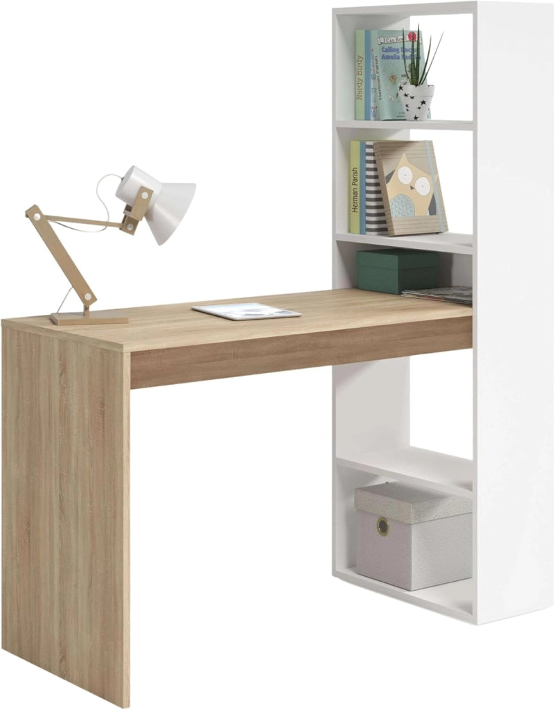 Habitdesign Duplo Computer PC o scrivania con ripiano Reversibile, Melammina, Bianco e Rovere Canadese, 120 x 53 x 144 cm