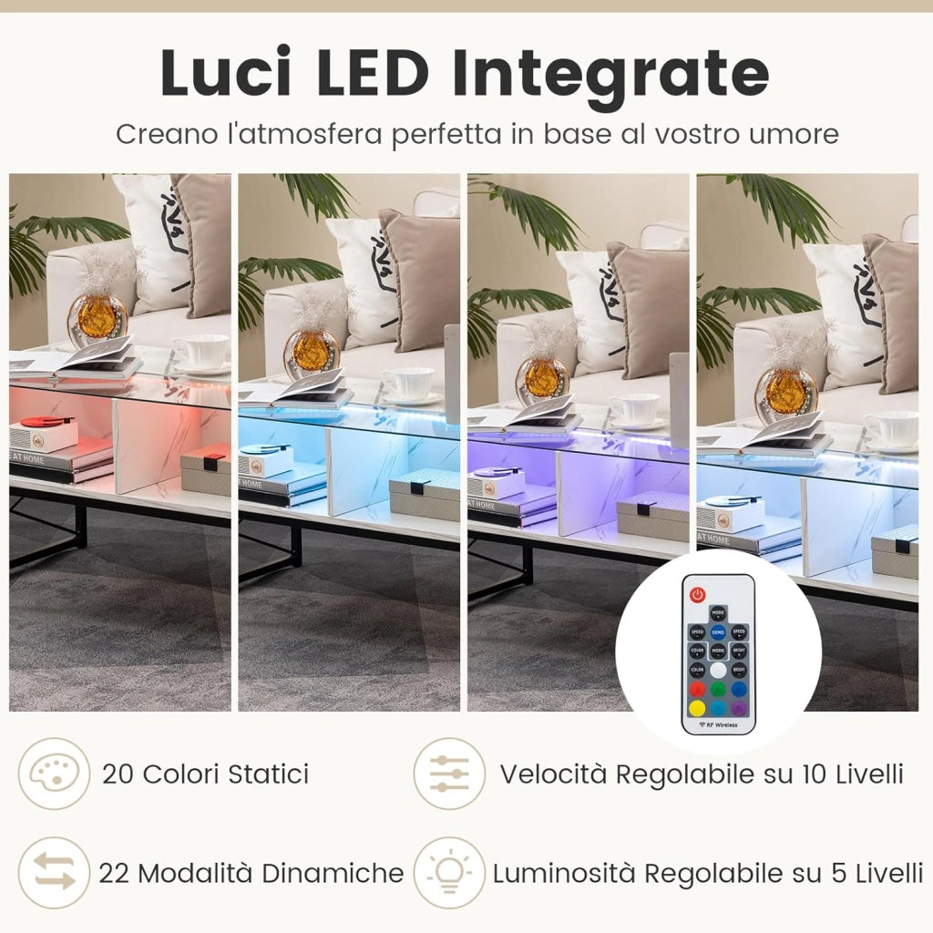 COSTWAY Tavolino da Salotto, Tavolino da Caffè da in Vetro e Legno con Luce LED Multicolore Regolabile a Telecomando e Ripiani, Tavolino per Soggiorno e Ufficio, 105 x 55 x 50 cm (Bianco)