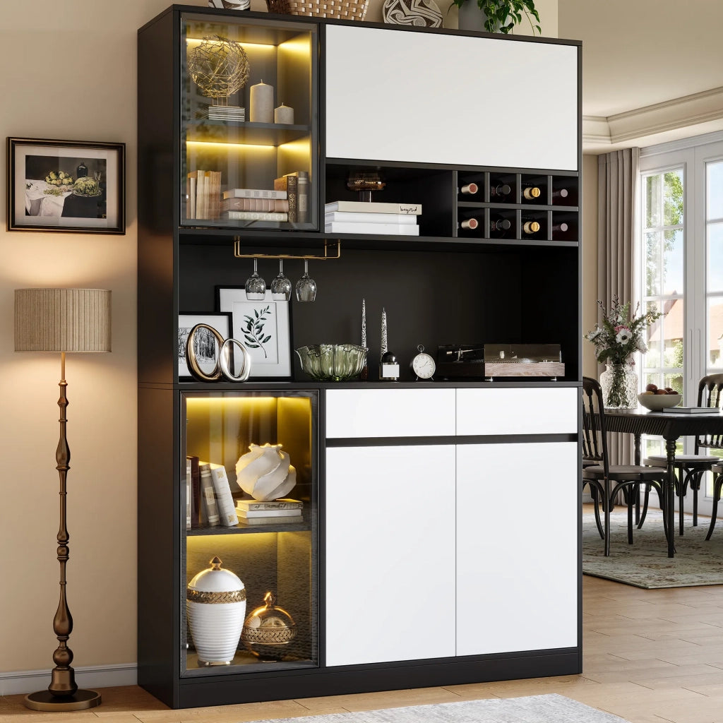 Armadio alto multifunzione con illuminazione LED, vetrina e credenza. Mobile moderno con ante e cassetti per soggiorno, cucina, sala da pranzo e ufficio.
