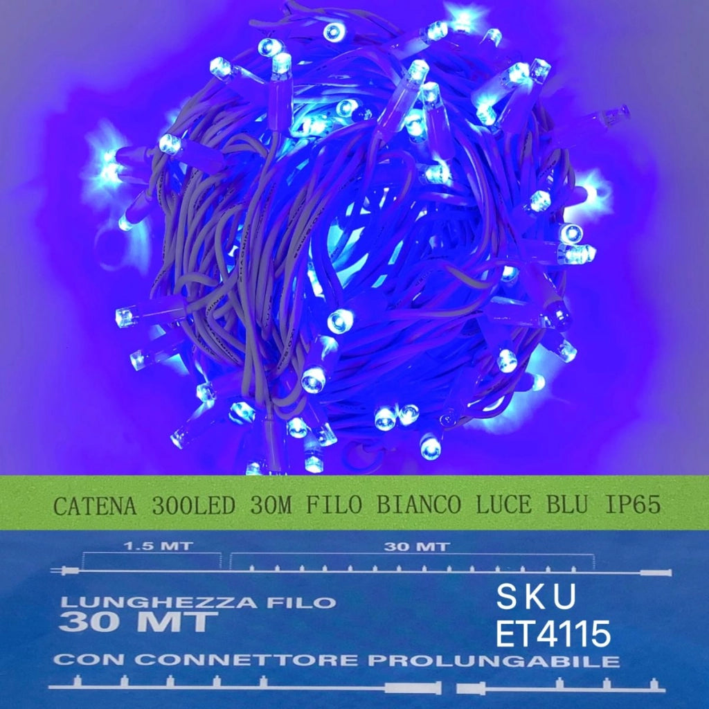 Luci Natalizie Catenaria  300 LED 30 Metri  Filo Bianco Luce Blu Esterno Raccordabile  IP65