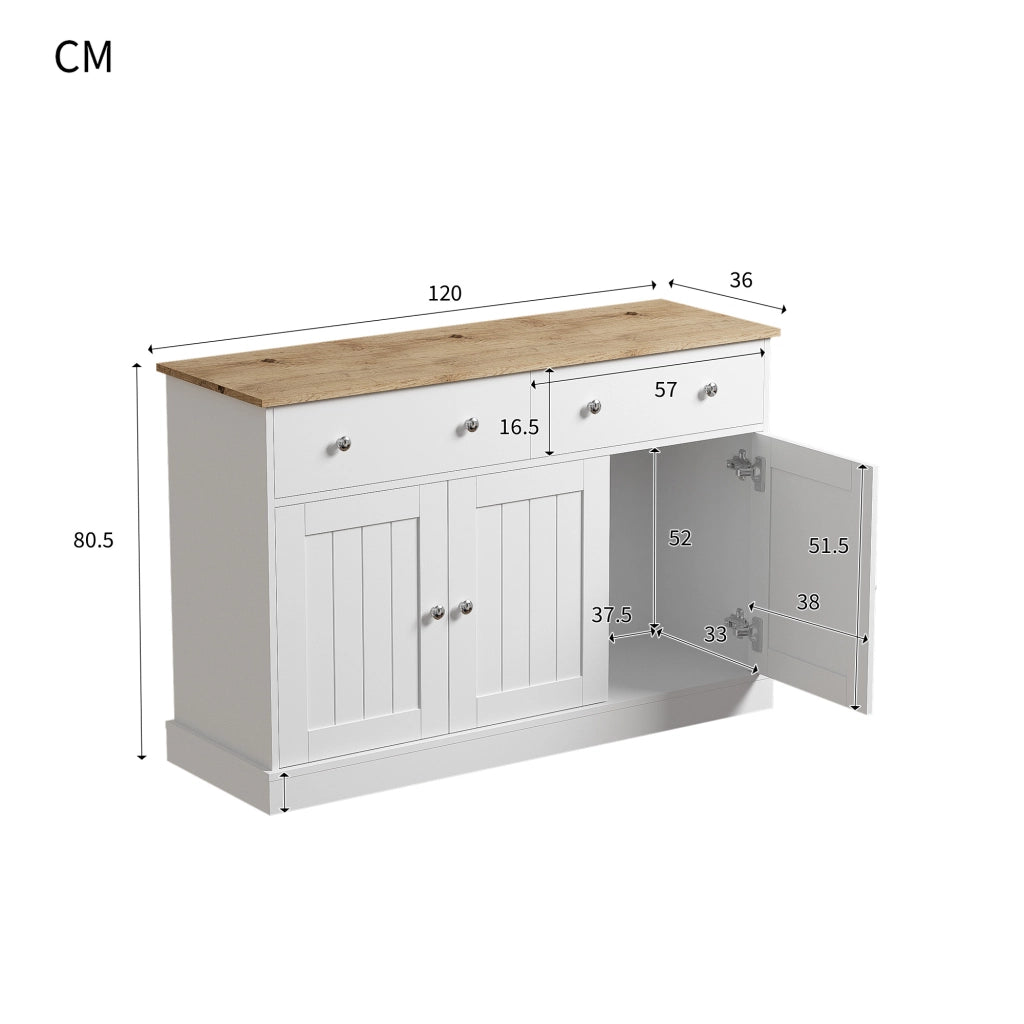 Credenza per soggiorno con 3 ante e 2 cassetti in pannello truciolare bianco e tonalità legno 120 × 36 × 80.5 cm