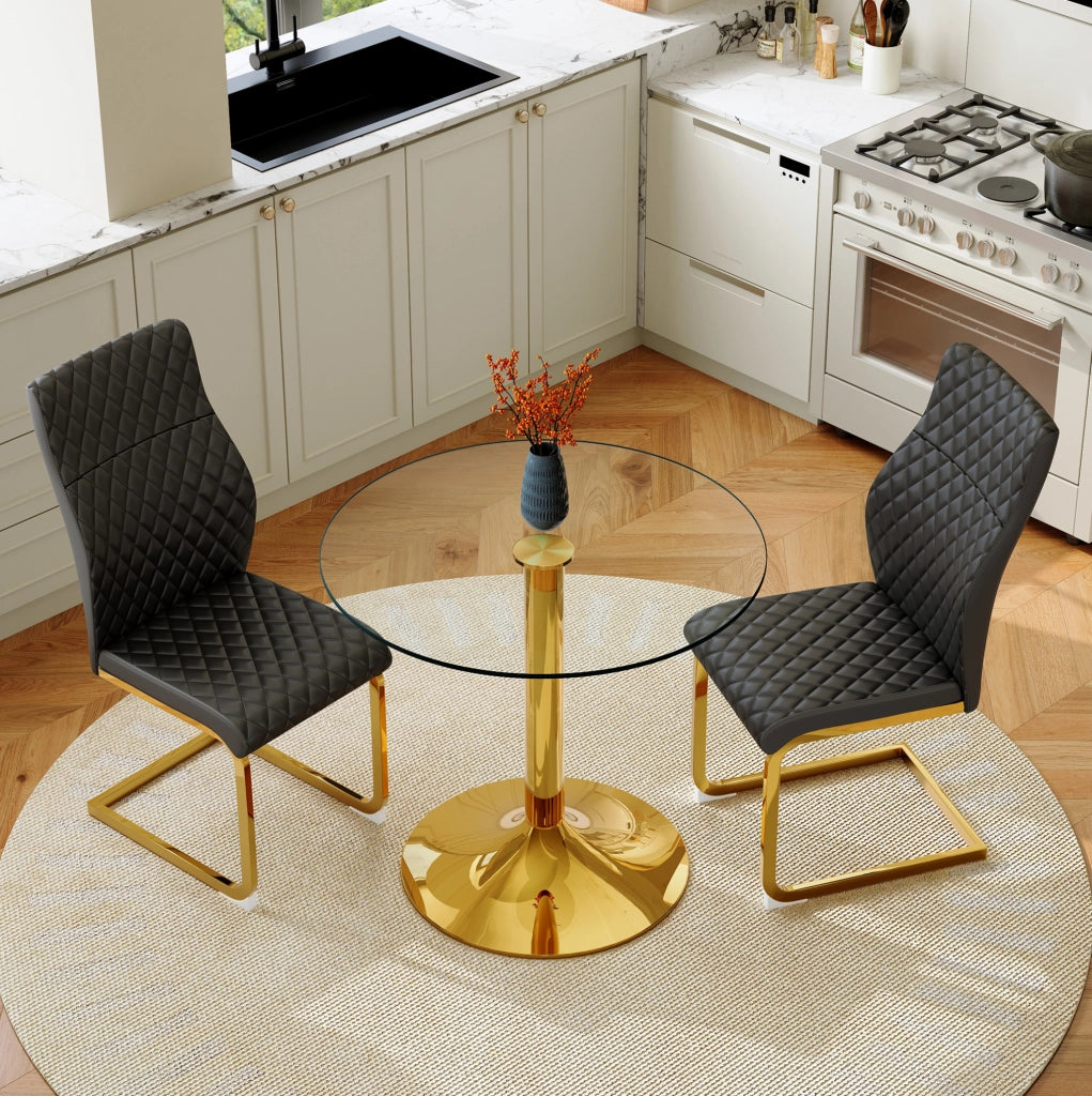 Set tavolo rotondo in vetro temperato e sedie nero oro