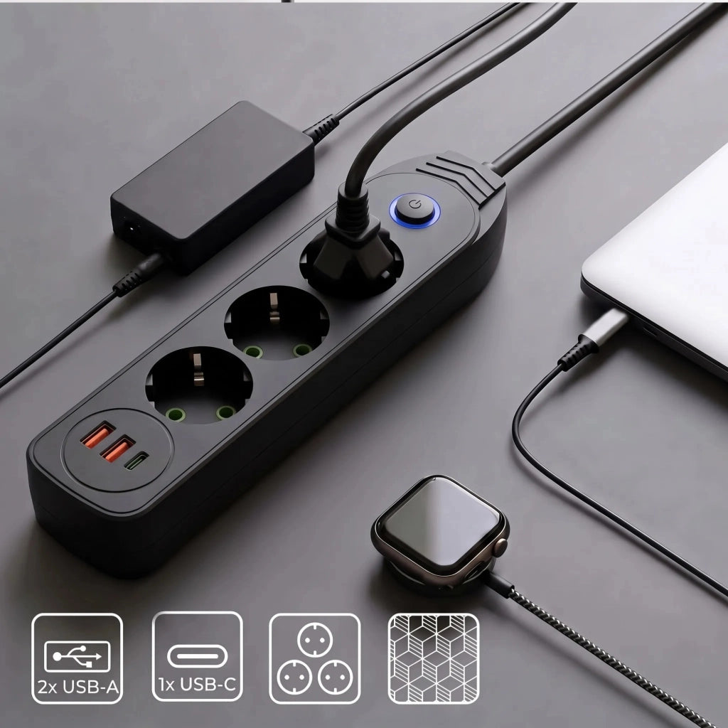 Multipresa Con Prolunga, 3 Prese + 2 Porte Usb-a + Usb-c Jnh024-3b Black