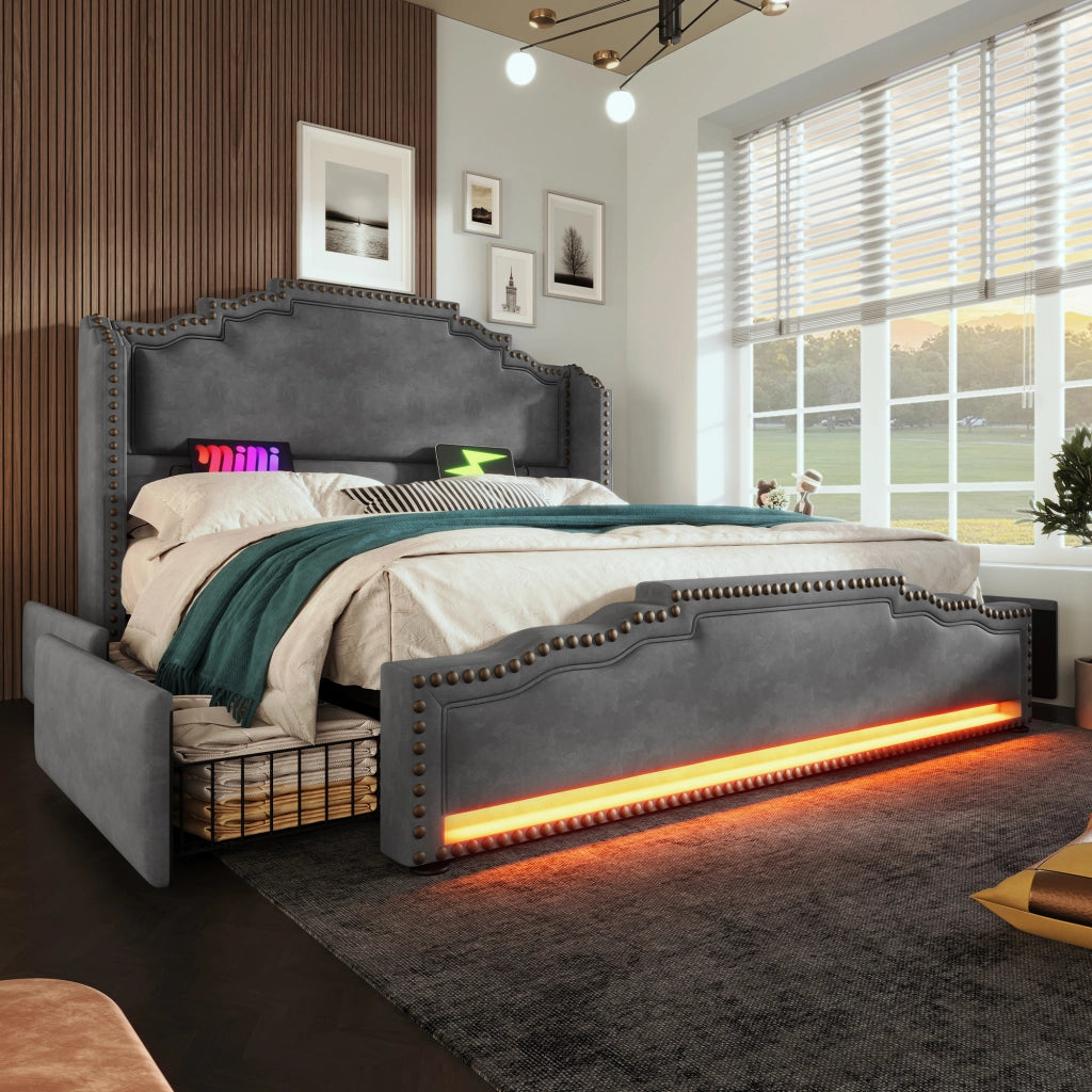 Letto contenitore 140x200 grigio con luci LED