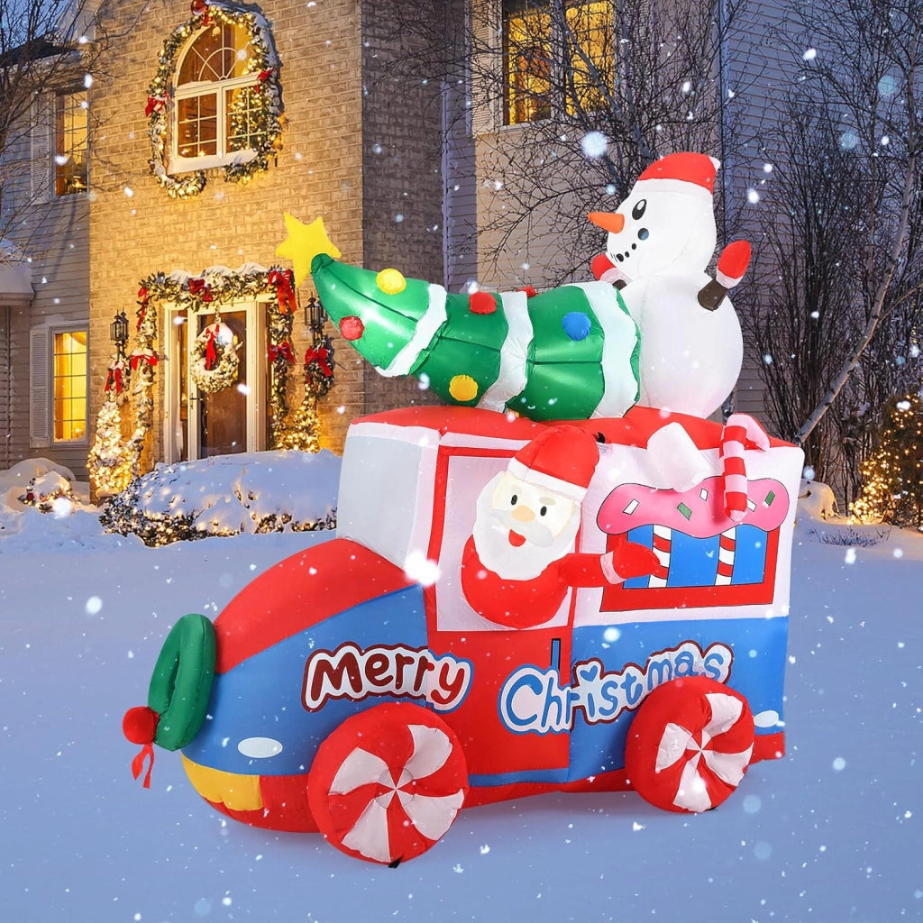 Babbo Natale Gonfiabile con Auto 177 cm, Decorazione Gonfiabile Natalizia con Babbo Natale, Pupazzo di Neve e Albero di Natale, 5 Luci LED Interne e Ventola Integrata