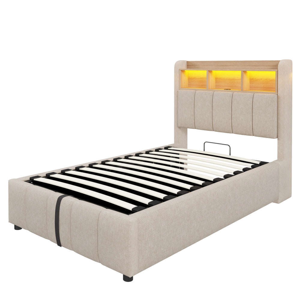 Letto singolo imbottito 90x200 cm beige con LED e USB