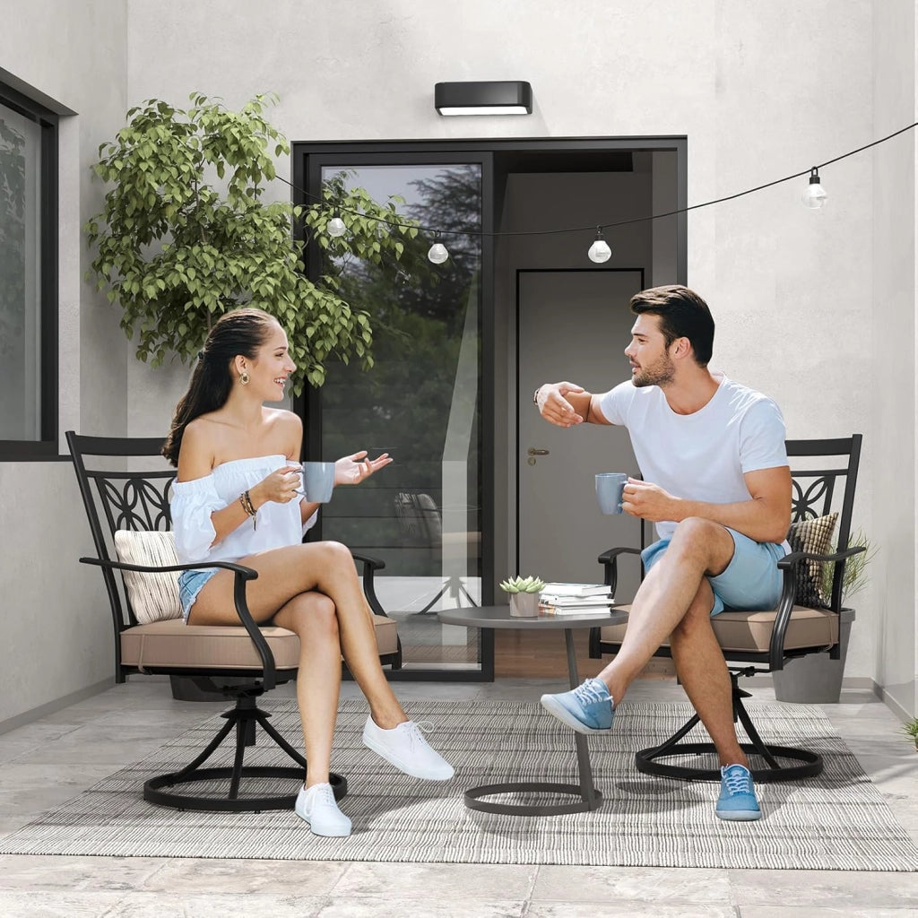 Sedie Girevoli per Giardino, Set di 2 Sedie da Esterno con Telaio in Metallo Resistente, Cuscino Morbido, Schienale a Motivo Floreale, Sedia Girevole per Giardino e Balcone