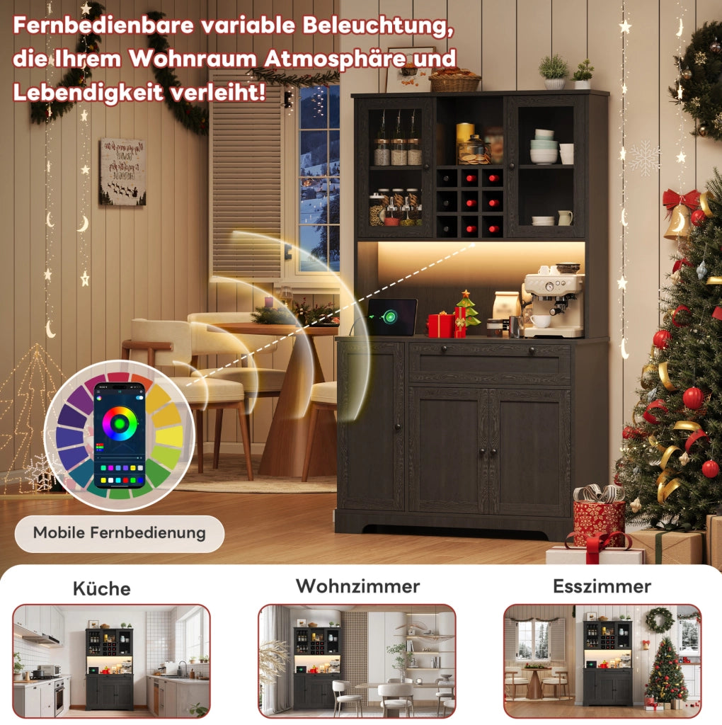 Credenza da cucina con LED, prese e portabottiglie, nera
