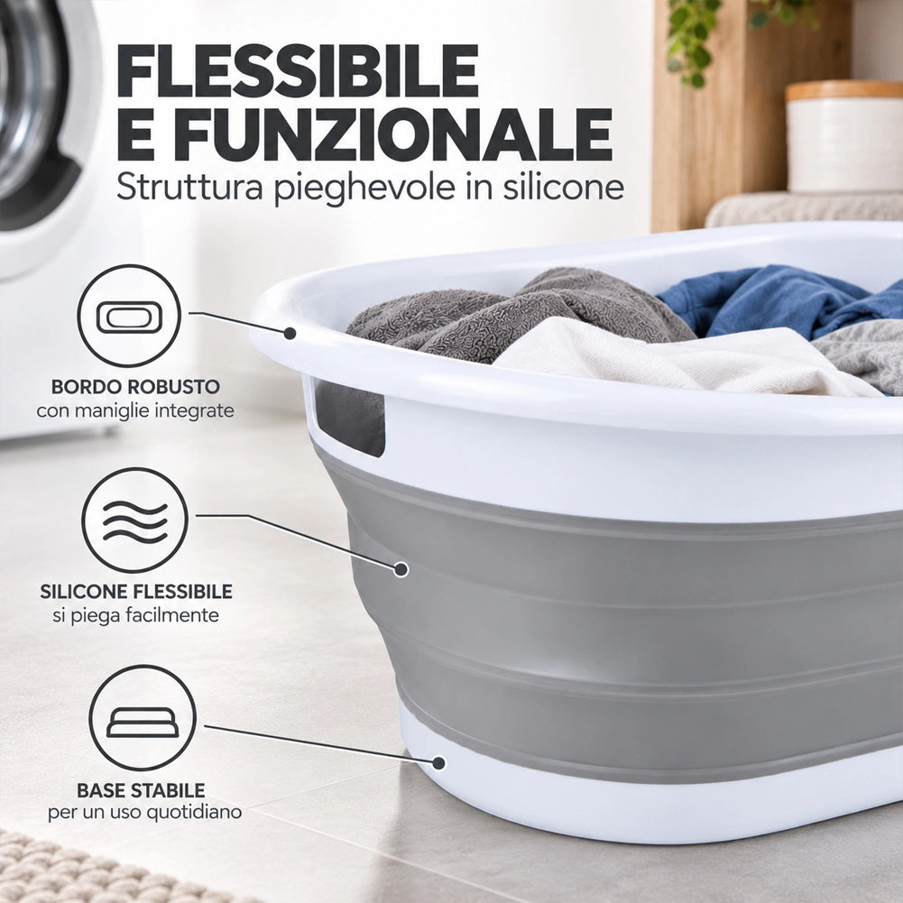 Cesto Portabiancheria Pieghevole in Silicone 38L con Maniglie Porta Biancheria 61.5x44x27cm